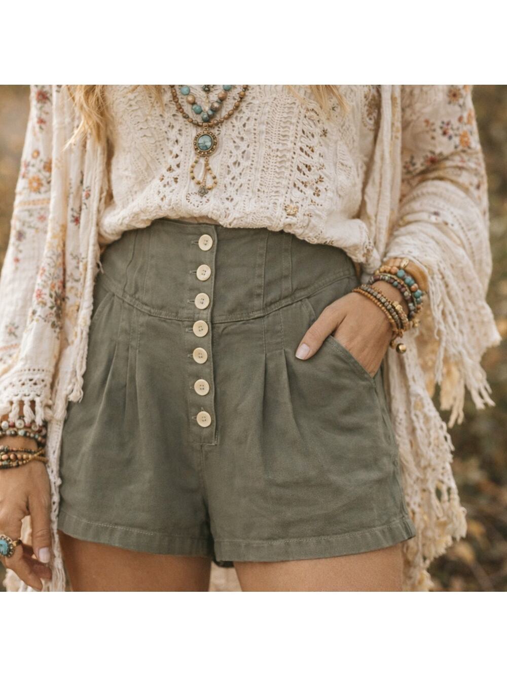 Free People SZ 00 100% Cotton Olive Green High Rise Button Front Shorts